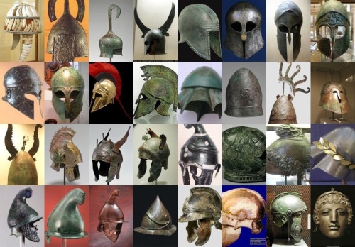 lifestooshorttodrinkcheapwine:A large variety of ancient greek helmets,dating from the mycenaean per