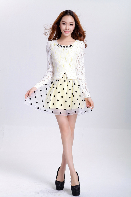 sexydressfashion: Women Stylish Lace Patchwork Organza Polka Dot Faux Twinset Dress