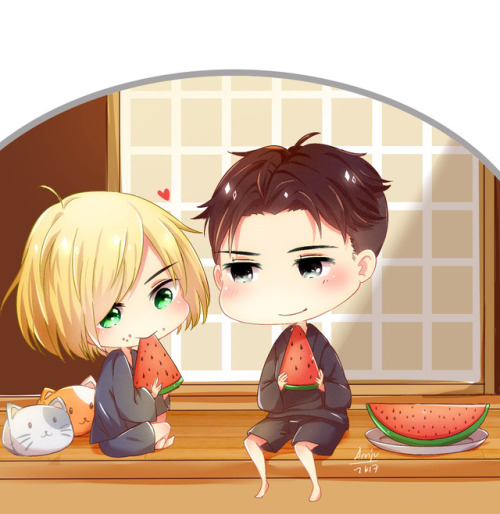 ghostlybl: It’s summer here and it’s so Goddamn HOT! the floor is hot, my laptop is hot, my pentab is also hot even the water is hot WTF?!! I wanna go to the beach!!! So here you go with the chibi Otayuri and Viktuuri having watermelons, cooling down.