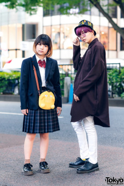 tokyo-fashion:  Japanese students Shion and Yuma on the street in Harajuku wearing a school uniform and Pokemon Psyduck bag, GGD oversized shirt, skinny pants, bucket hat, and Dr. Martens. Full Look