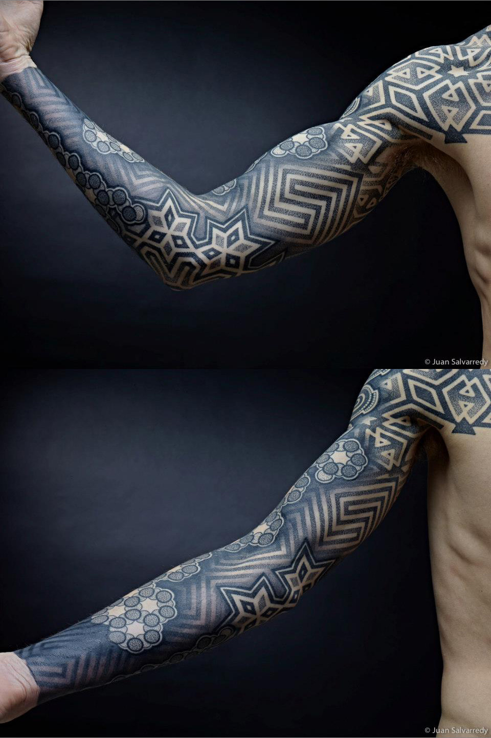 sofa-kills:  thestarlighthotel:  Dotwork sleeves, chest, and back | Nazareno Tubaro