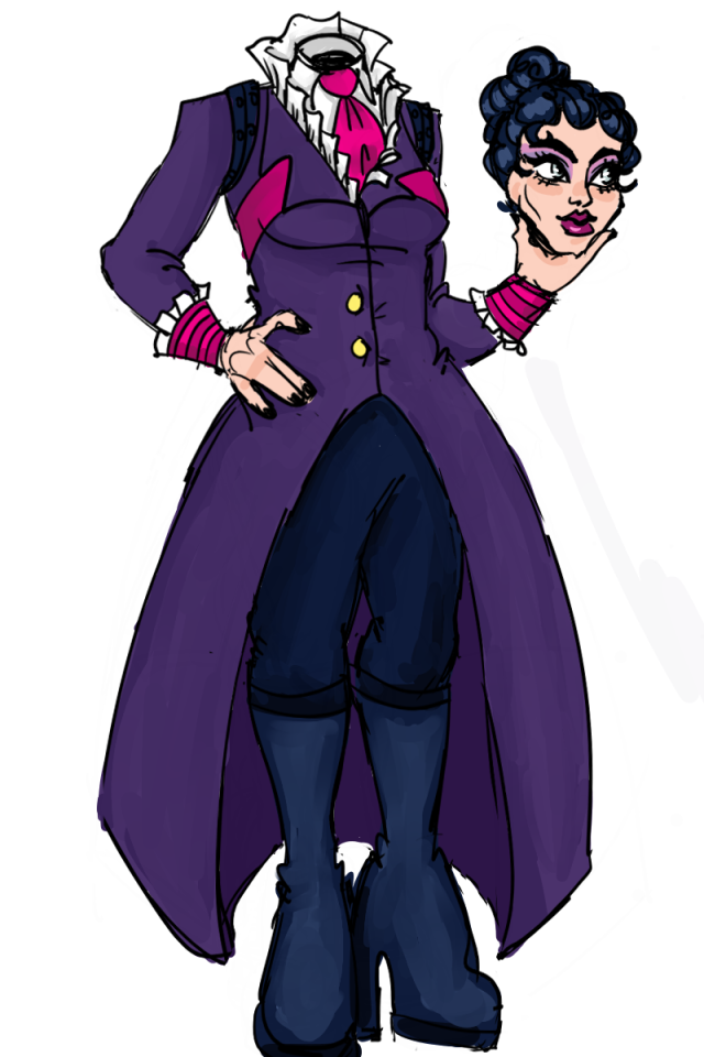  a full body drawing of headmistress bloodgood. she is standing with one hand on her hip and the other holding her head. she is wearing purple eyeshadow and pink lipstick. she is smiling and her hair is up in a bun. she is wearing a long purple waistcoat over a frilly shirt and pink necktie. she has on black pants and knee high black heeled boots. 