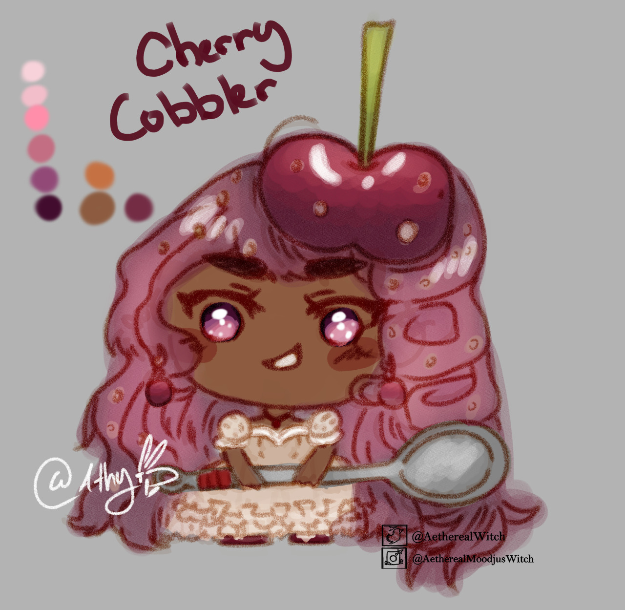 Cute Cherry cobbler Princess #cherry cobbles#dessert#chibi art#original character#chibi girl#chibi doodles#chibi style#AthywitchDoodles#commisions open#cherry cobbler#dessert princess #testing out new chibi style  #i love the coloring  #now what dessert to draw next