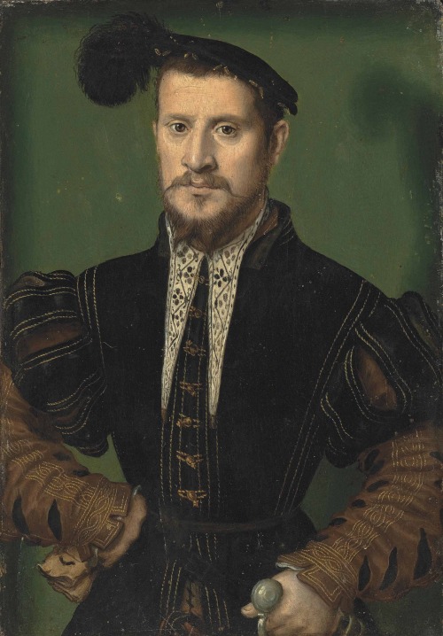 history-of-fashion:ab. 1550 French School - Portrait of a Man holding Gloves and a Sword  (Private collection via Christie’s)