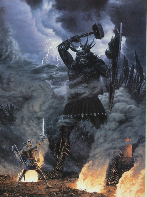 Two versions of Fingolfin battling Morgoth at the gates of Angband.