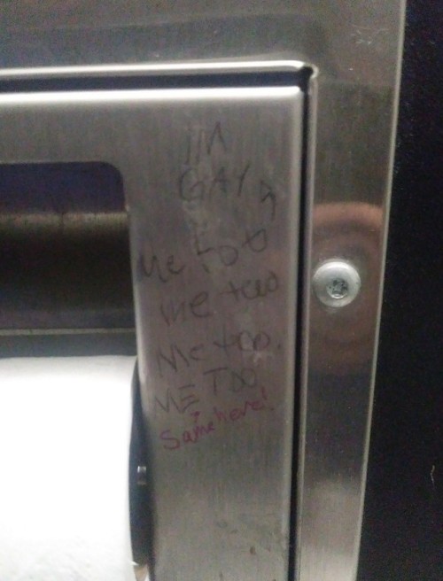 queergraffiti:katalinathecat:Found this in a bathroom stall.“I’m gay”“me too