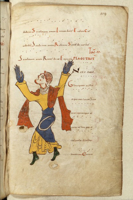 Illustration from an 11th century treatise on music.The use of these particular colours,especially t