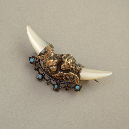 Antique VICTORIAN Brooch ANGEL Crescent Moon Mother of PEARL Forget-Me-Not Flowers c.1870s