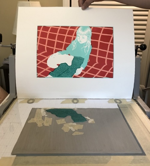 Process pics: layering all 5 blocks to create my linocut, “A Day I Don’t Remember”