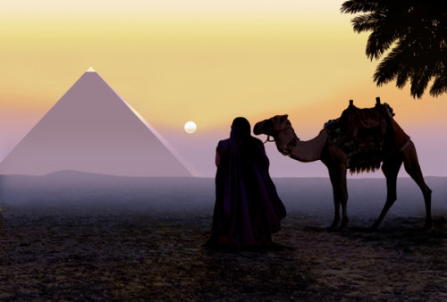 Traveler with his camel has stopped to admire in the distance the Great Pyramid of Giza, 2002 Rob Wo