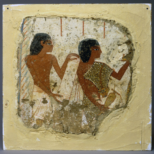 Ancient Egyptian tomb painting depicting two priests; one holds a papyrus roll, the other a vase use