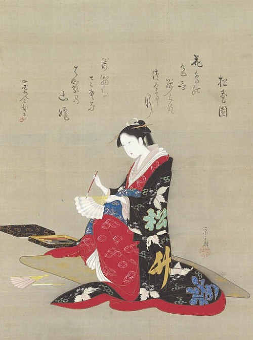 Beauty writing a poem on a fan by Hosoda Chobunsai Eishi (1756-1829) 