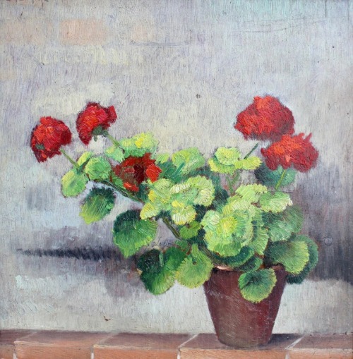  Still Life of Potted Plant with Red Flowers     -    Valentino Ghiglia , ca. 1940s.Italian 1903-196