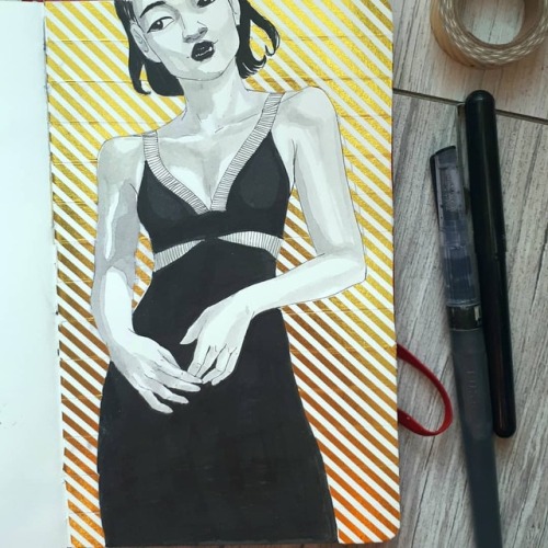 Guess who bought a new gold tape…yes me#traditionalart #ink #inkart #goldtape #girl #blackd