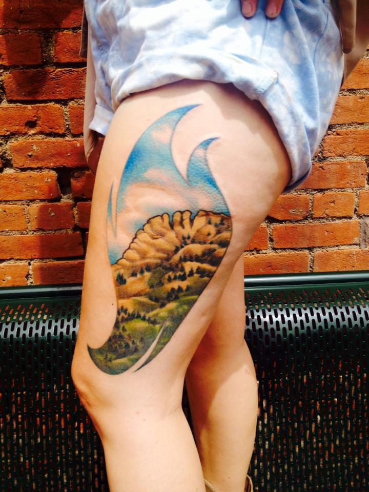 fuckyeahtattoos:  this is my leg piece of horsethooth rock in fort collins colorado