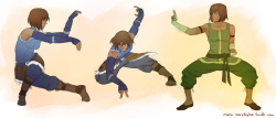 marin-everydaybox:Korra is just perfect when studying martial arts stances and poses. Such a badass dork, I love her &lt;3 Left one is taken from Shaolin, right one from Hung Gar and the middle one was just a cool pose I found. I just need to work to