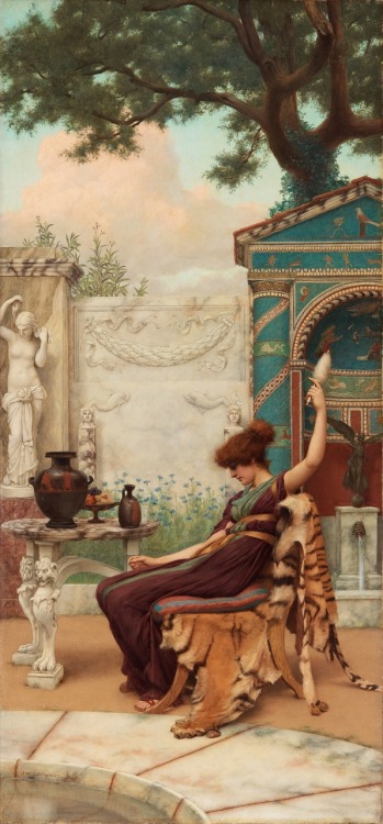 Winding Wool.1894.Oil on Canvas.81.5 x 38 cm. (32.08 x 14.96 in.)Art by John William Godward.