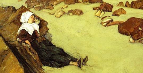 Breton girl asleep on a rocky shore, as painted by Whistler