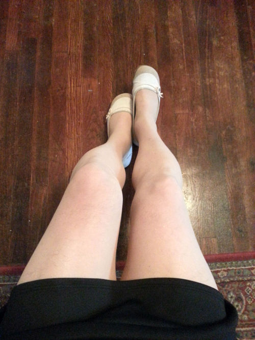 Cute Jellypop flats with nude, sheer-to-the-waist pantyhose and a cute little black mini skirt.