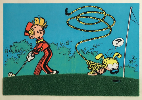 geritsel:André Franquin - Rare, partly felt-clad postcards with Spirou, Fantasio, the marsupilami, S