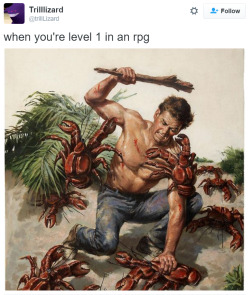 daclusia:  thetenk:  thevideowall:  buttmandumbass:  this post just cant be on its own. it needs the accompanying pic “when you’re level 80” that is exactly the same image, but the stick has glowing runes on it and the crabs are purple  Ok, I had