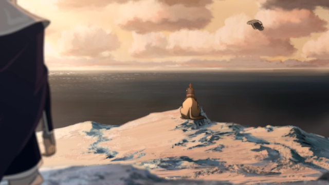 korra and naga watching oogi fly away over the ocean. a white lotus person barely in frame on the left in the foreground