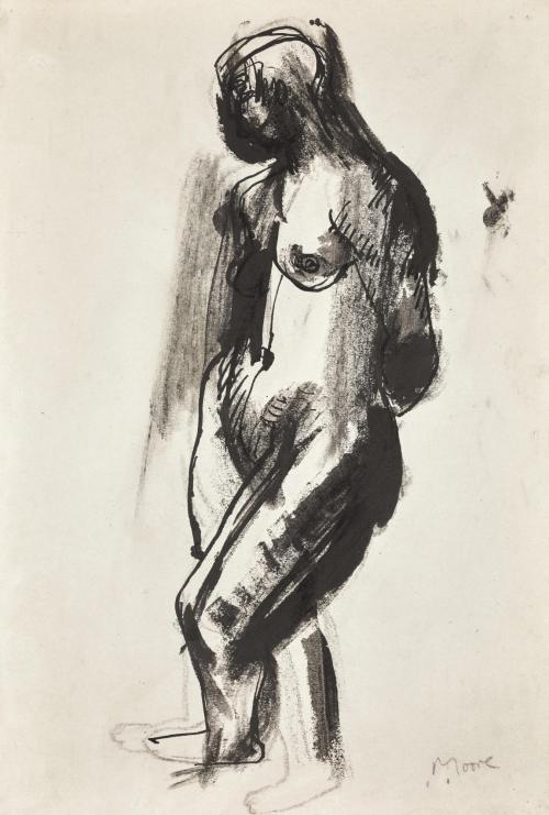 ochyming:HENRY MOORE English, 1898-1986 STANDING NUDE, circa 1927 charcoal, pen and ink and ink wash