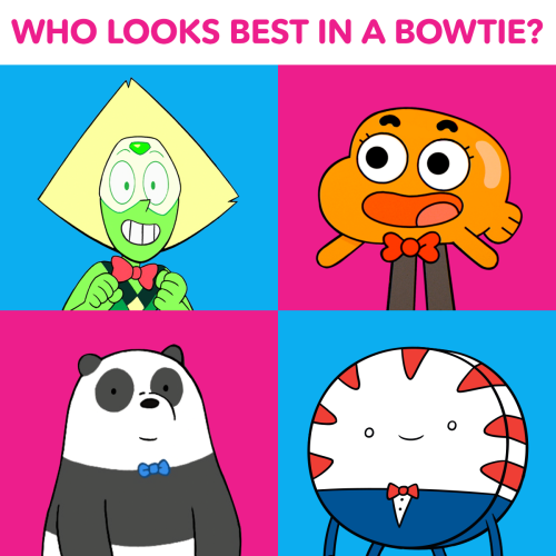 Who is rocking the bowtie best…Peridot, Darwin, Panda, or PepBut? 