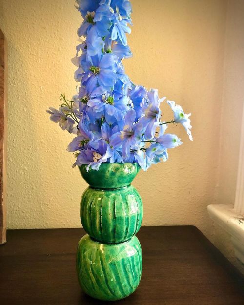 My latest ceramic creation….Hand build Bud Vase with Blue Larkspur from my cottage garden…#ceramics 