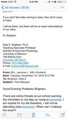 halfpastinsomniac:  Professors aren’t canceling classes and blowing off students whose lives have been directly threatened on social media tonight. Someone threatening to a campus shooting is not just “unnerving.” Please remain aware of what is