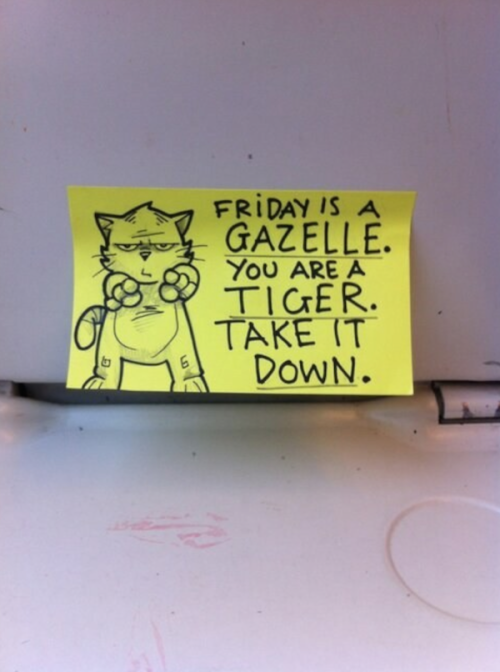 thevellocirapper:  catsbeaversandducks:  Post-it Notes Left on the Train Writer and illustrator October Jones, the creative genius behind Text From Dog and these funny train commute doodles, is at it again with these hilarious motivational post-it notes