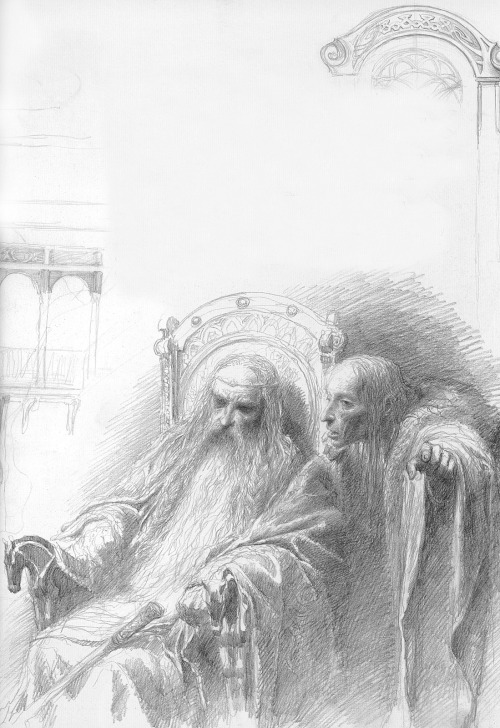 tolkienismyreligion:Theoden and Grima in Edoras sketchAlan Lee