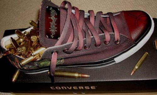 Hand painted ‘Warlord’ custom Converse with hand made aluminum tag and, candy toe and custom lace lo