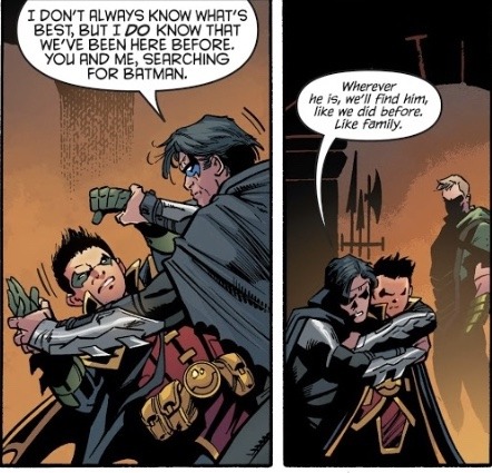 arabian-batboy:I really love how half of all canon Dick and Damian hugs are basically just Dick hold