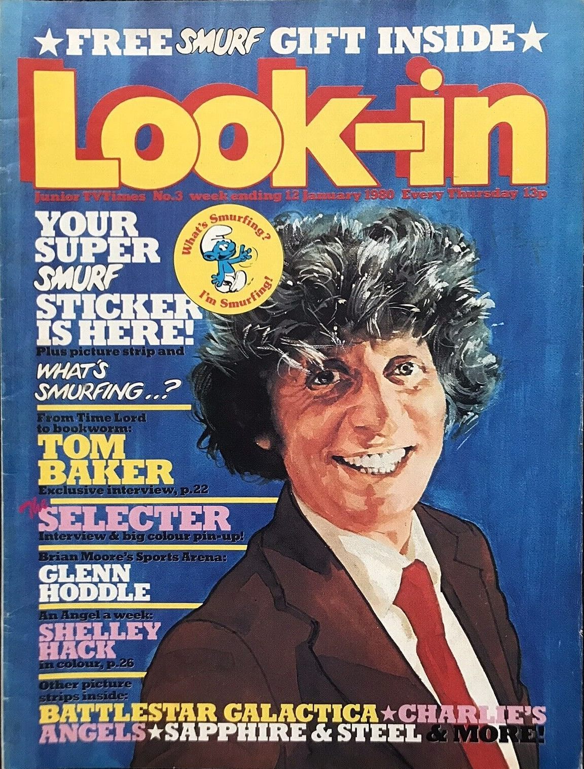 <p>Look-in magazine (12 Jan 1980) featuring an illustration of Tom Baker (the fourth Doctor) and a free Smurf sticker!</p>
