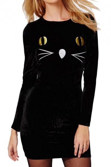 factorme69:Cat PrintStar PrintBat PrintNightmare SweaterLace DressShort Sleeve DressContrast