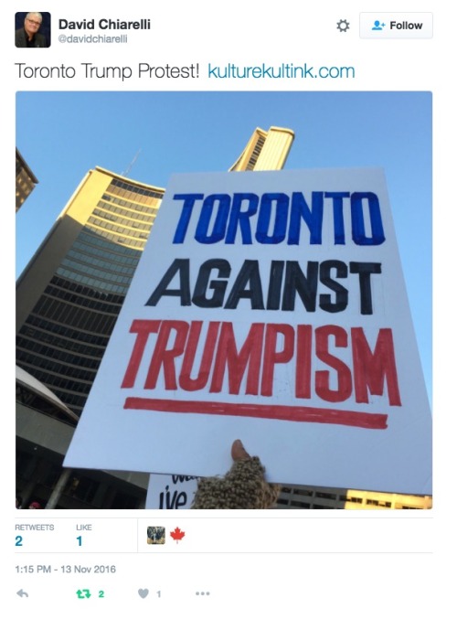 allthecanadianpolitics:Photos from an Anti-Donald Trump protest in Toronto, Canada. November 13th, 2