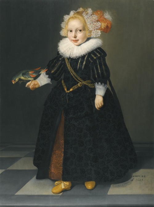 Portrait of a Child age Two Holding a Parrot, attr. Dirck van Santvoort, 1629