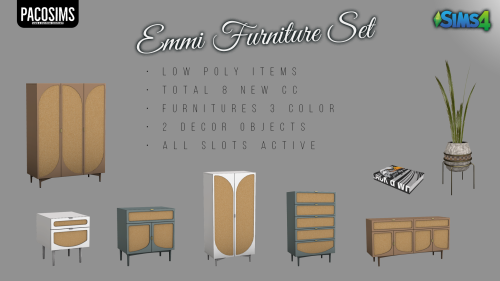 Emmi Furniture SetLow poly itemsTotal 8 new ccFurnitures 3 color 2 decor objectsAll slots activeI ho