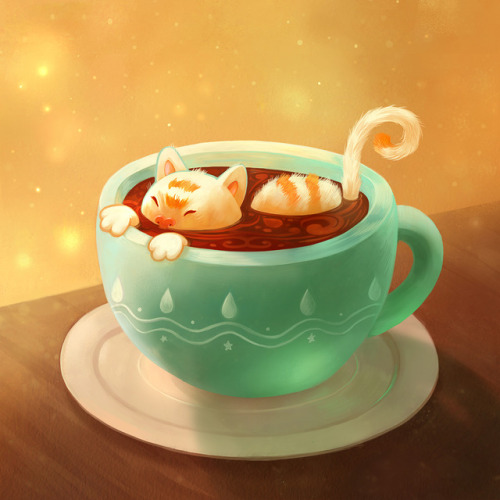 Forgot to post this one here :) a smol cat in a cup of coffee. Taking a break in the animals in drin