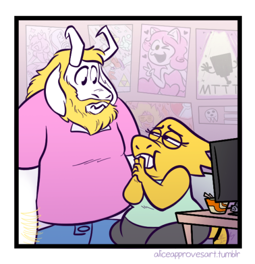 aliceapprovesart:  Asgore Asks Alphys About Anime Two things: One, very proud of that alliteration. Two, this is an actual question I asked my college roommate my senior year. Like Asgore, I have extremely limited knowledge on “the animus and mangos.”