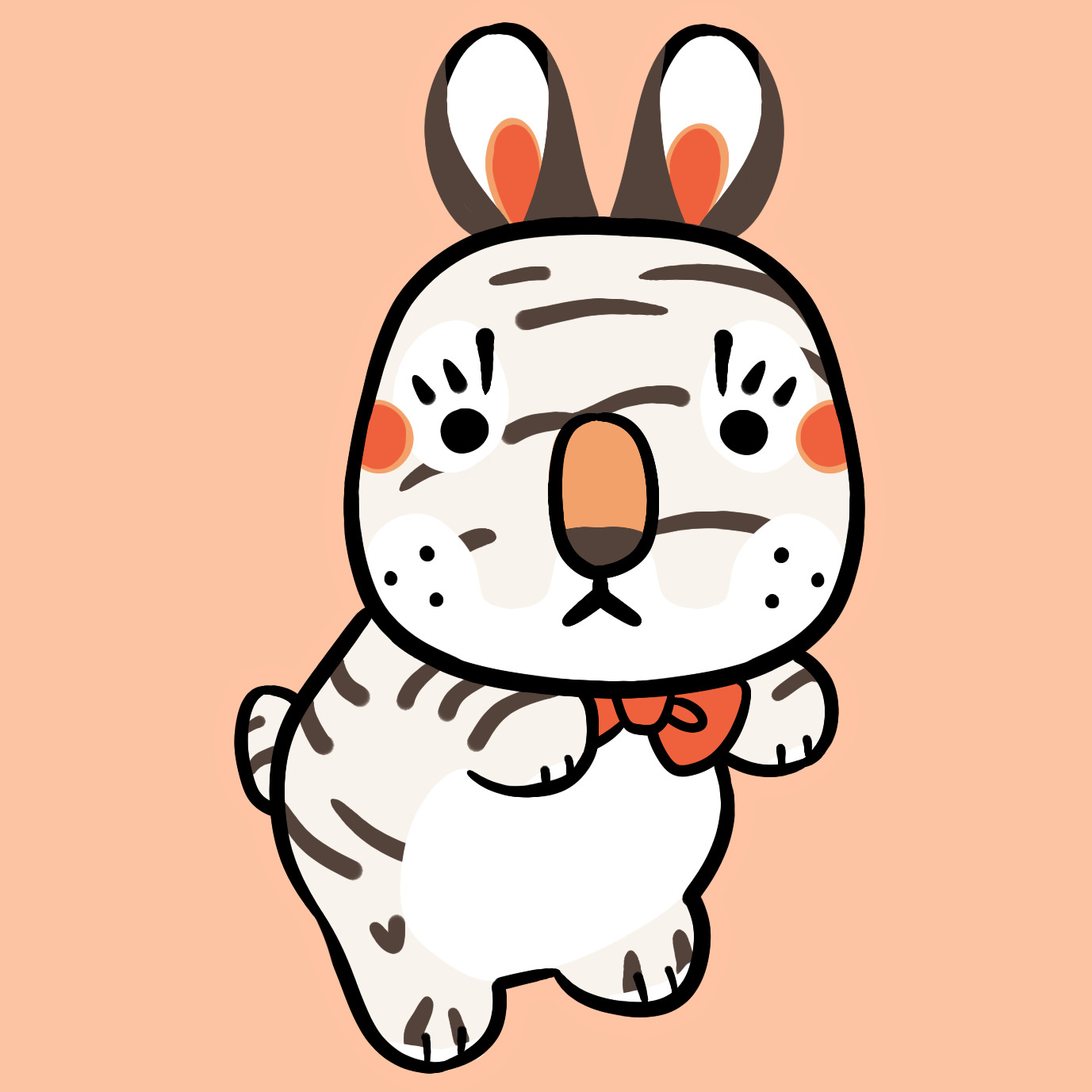 A digital drawing of Litchi, a white bunny tiger hybrid. It looks Like a bunny with the coat pattern of a white tiger and a tiger nose. It's drawn in simplified manner, to the point that its body looks like a gummy bear's. It's wearing a coral bowtie.