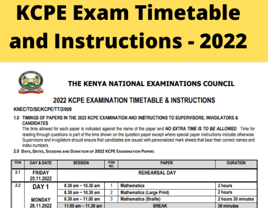 KCPE Exam Timetable and Instructions - 2022