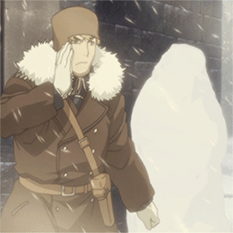 pandacea:  fawnkityoutube1:  Why the fuck have I not found a gif of Mustang in Briggs from Conquerer of Shamballa? That one where he basically comes out of a damn snowman? WHERE IS IT? I NEED IT NAO.  DID SOMEONE SAY COS!ROY? 