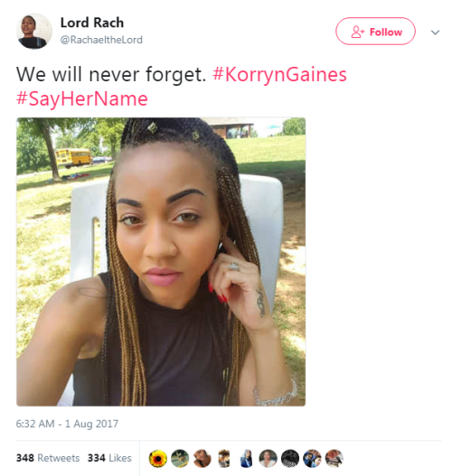 nevaehtyler: On this day last year 23-year-old Korryn Gaines was killed by Baltimore County police and her 5-year-old son was shot in the limb. She was wanted for a traffic violation, but apparently a SWAT team thought she was way too dangerous for them