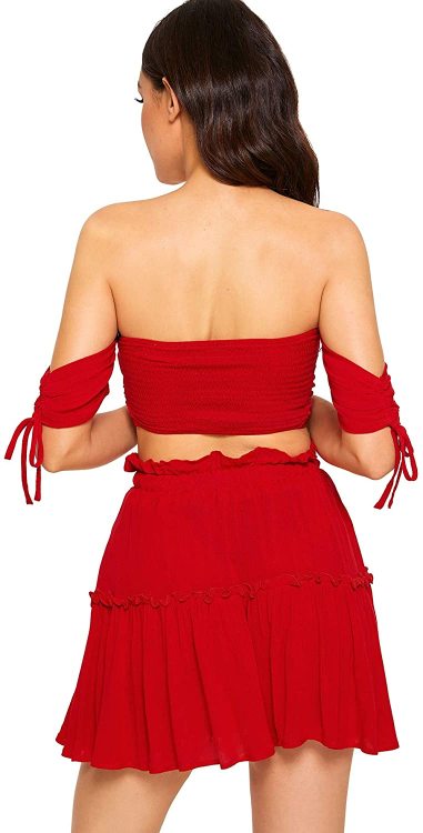 Floerns two-piece outfit off shoulder drawstring crop top and skirt set