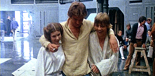 pixelrey: Carrie Fisher, Harrison Ford, and Mark Hamill on the set of A New Hope (1977); footage fro