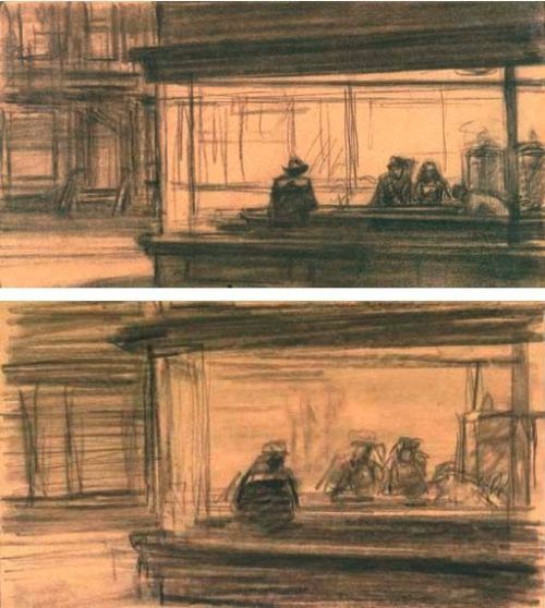 nobrashfestivity:Edward Hopper, Sketches and preliminaries for Nighthawks, 1942