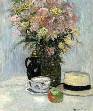 Still Life with Flower Bouquet and Staw Hat  -  Louis Thévenet  1924Belgian  1874-1930