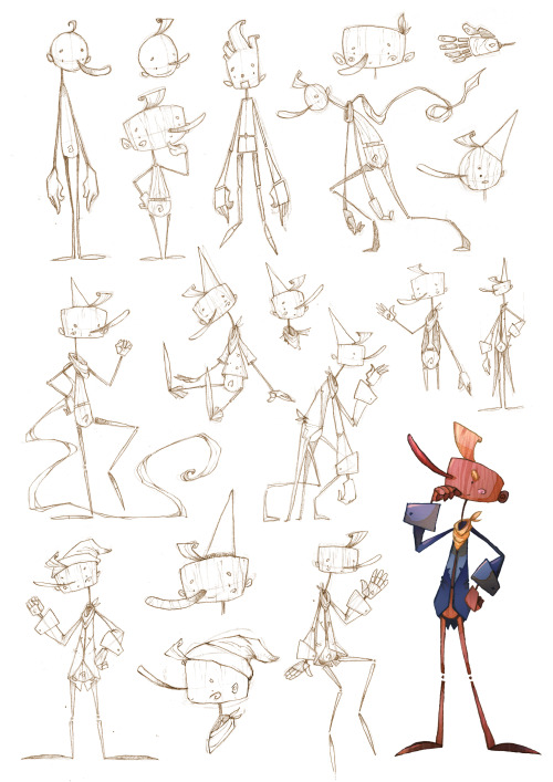 Character design process of PinocchioThis shows a quarter of the sketches I did to come up with Pino